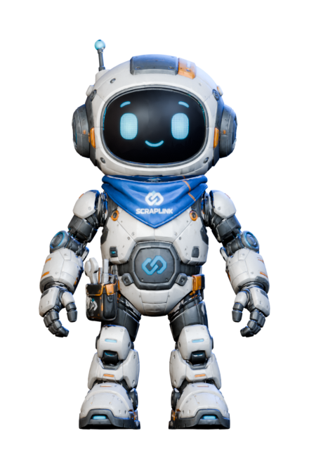 Scrap, the white robot companion with cyan eyes and a blue scarf