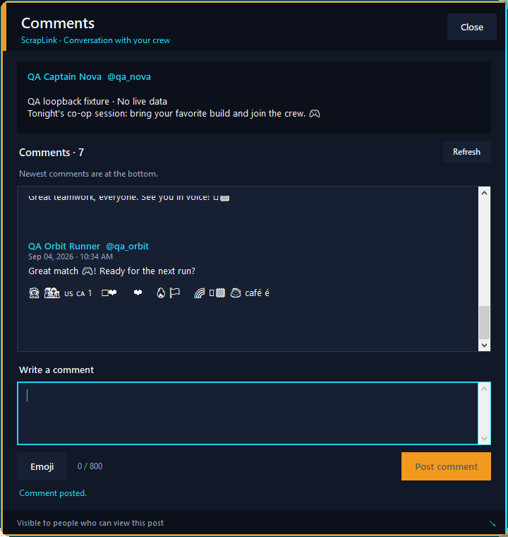 Deterministic QA capture of the ScrapLink Feed comments window with synthetic comments and emoji