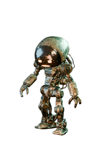 Vantrel, the weathered hooded robot companion